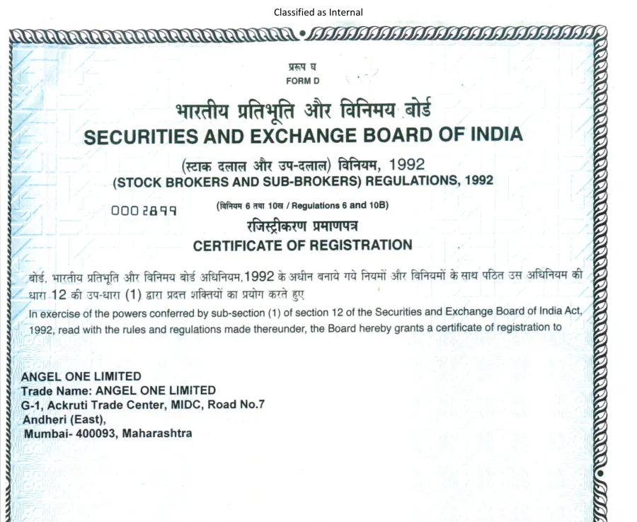 First page of the Angel One — SEBI Stock Broker Certificate
