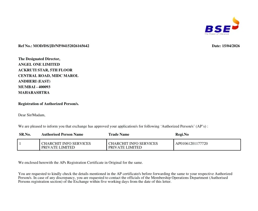 First page of the BSE Authorized Person Certificate
